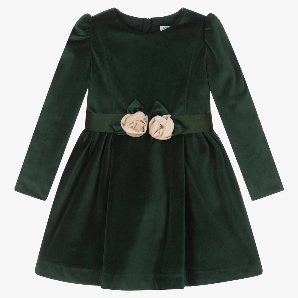 Abel & Lula - Girls Green Velvet Rose Dress | Childrensalon