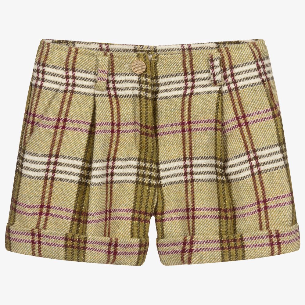 Abel & Lula - Girls Green Wool Check Shorts  | Childrensalon