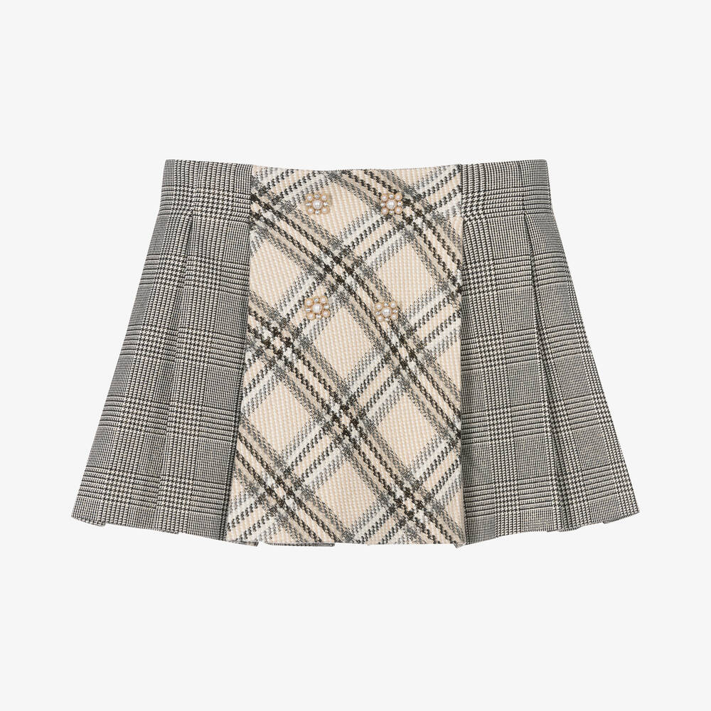 Abel & Lula-Girls Grey & Beige Tartan Check Skirt | Childrensalon Outlet
