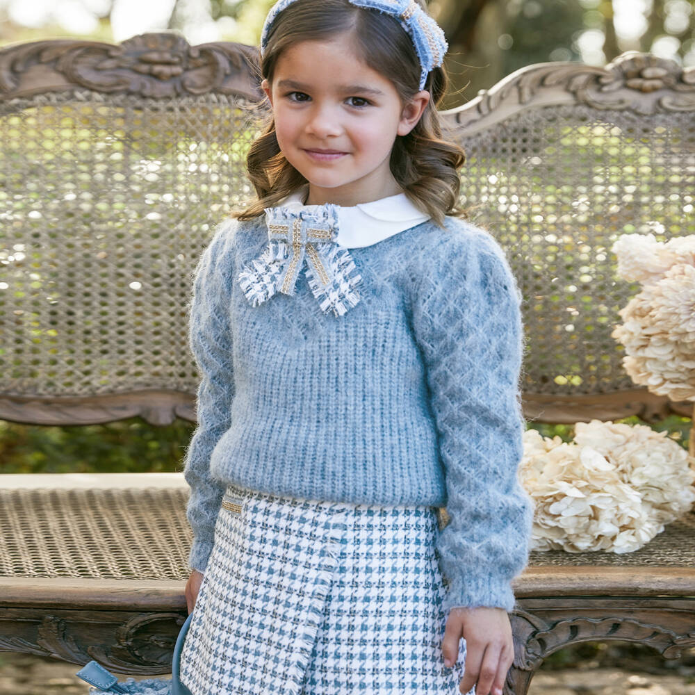 Abel & Lula-Girls Houndstooth Skort in Blue Wool Blend | Childrensalon Outlet