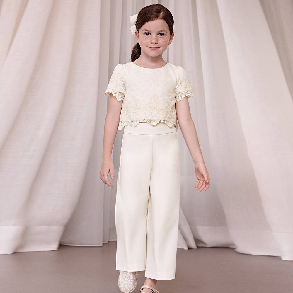 Abel & Lula-Girls Ivory Embroidered Tulle & Crêpe Trouser Set  | Childrensalon Outlet