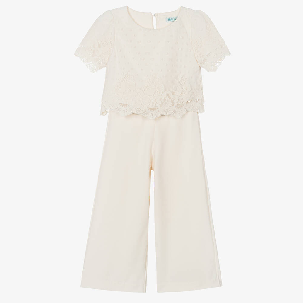 Abel & Lula-Girls Ivory Embroidered Tulle & Crêpe Trouser Set  | Childrensalon Outlet
