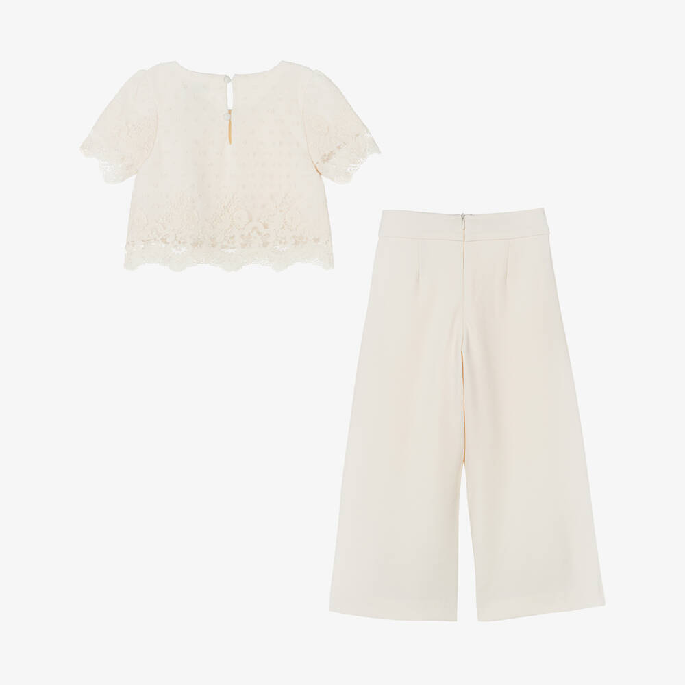 Abel & Lula-Girls Ivory Embroidered Tulle & Crêpe Trouser Set | Childrensalon Outlet
