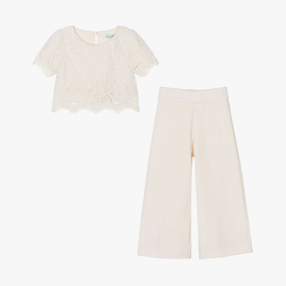 Abel & Lula-Girls Ivory Embroidered Tulle & Crêpe Trouser Set | Childrensalon Outlet