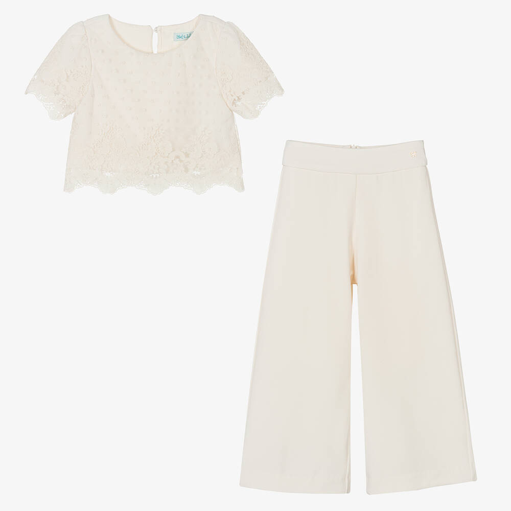 Abel & Lula-Girls Ivory Embroidered Tulle & Crêpe Trouser Set  | Childrensalon Outlet