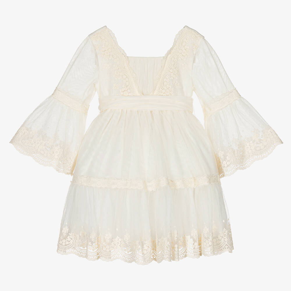 Abel & Lula - Girls Ivory Embroidered Tulle Dress | Childrensalon