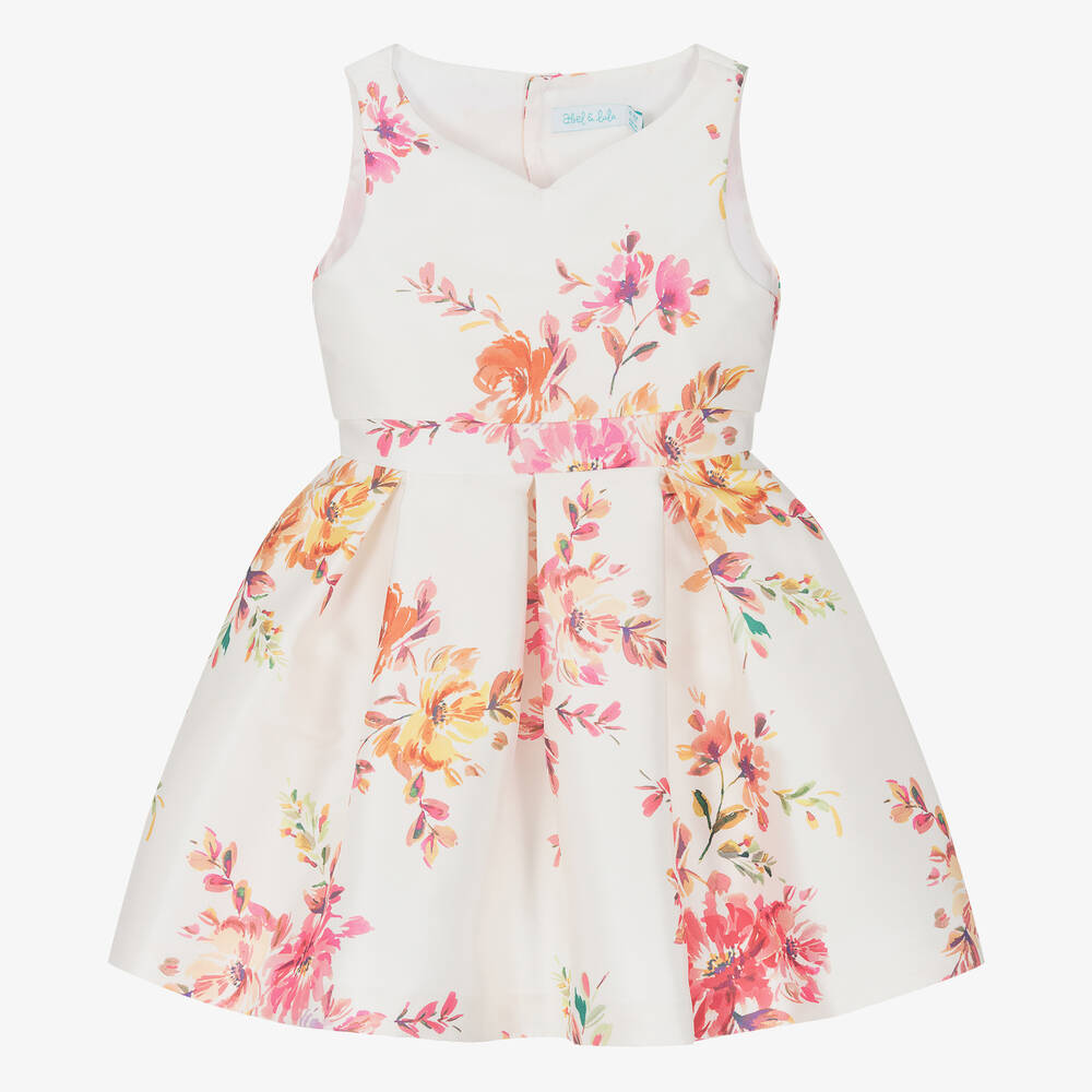 Abel & Lula-Girls Ivory Floral Satin Dress | Childrensalon Outlet