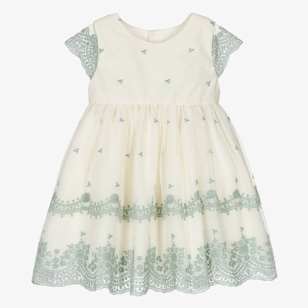 Abel & Lula - Robe ivoire verte tulle brodé fille | Childrensalon