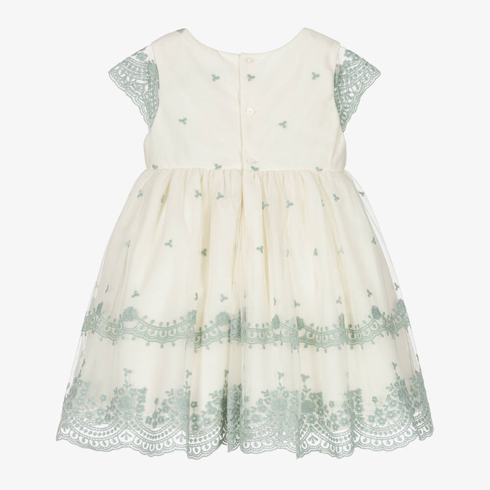 Abel & Lula-Girls Ivory & Green Embroidered Tulle Dress | Childrensalon Outlet