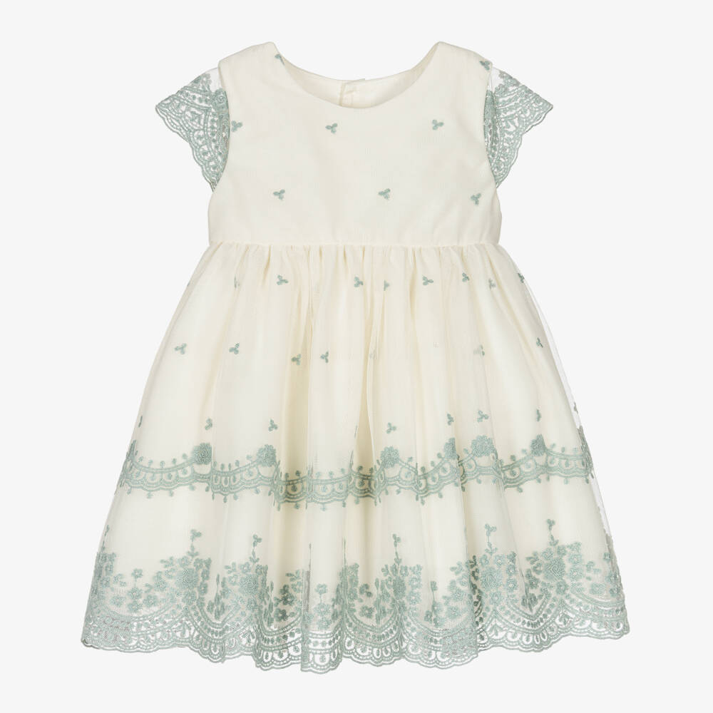 Abel & Lula-Girls Ivory & Green Embroidered Tulle Dress | Childrensalon Outlet