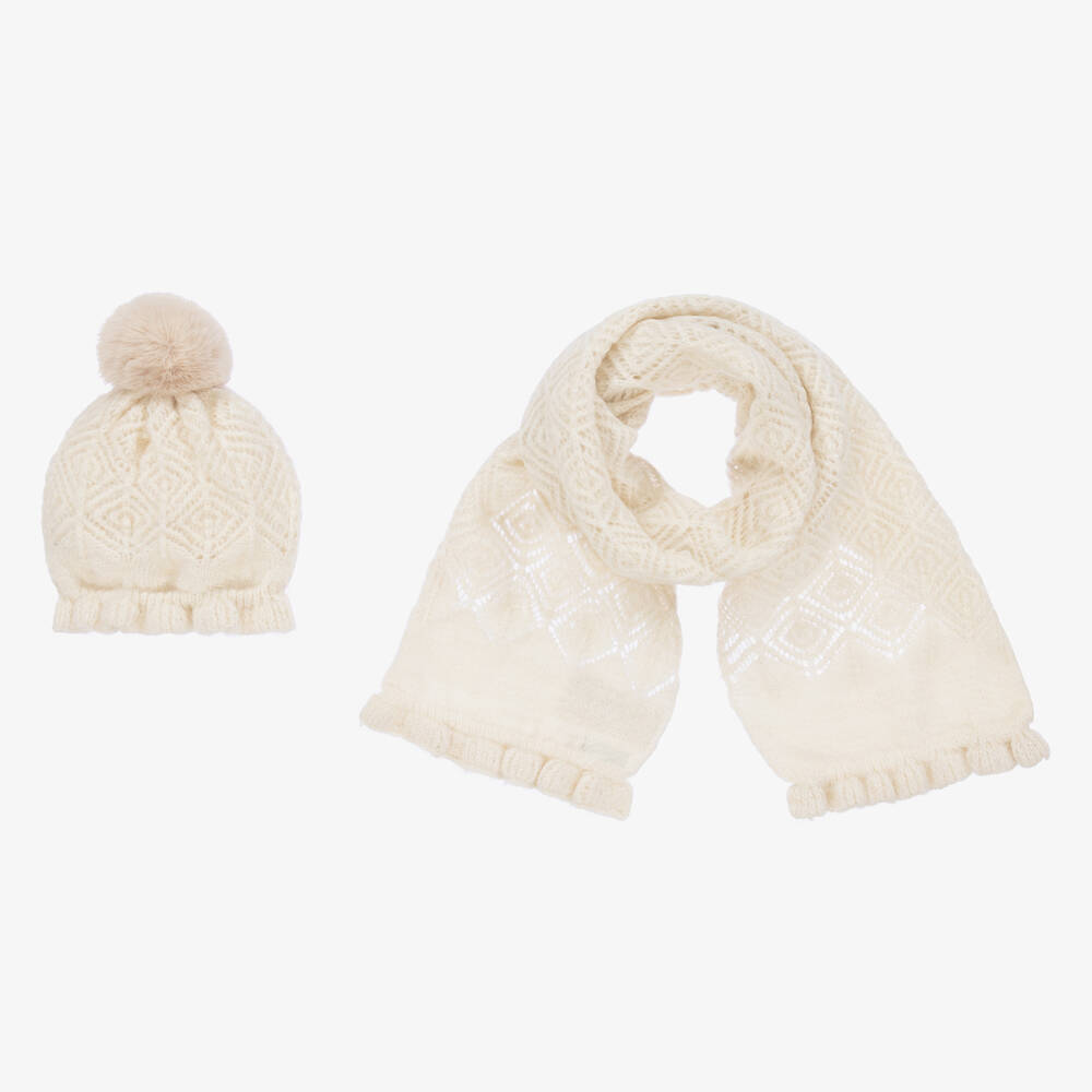 Abel & Lula - Girls Ivory Knitted Hat & Scarf Set | Childrensalon