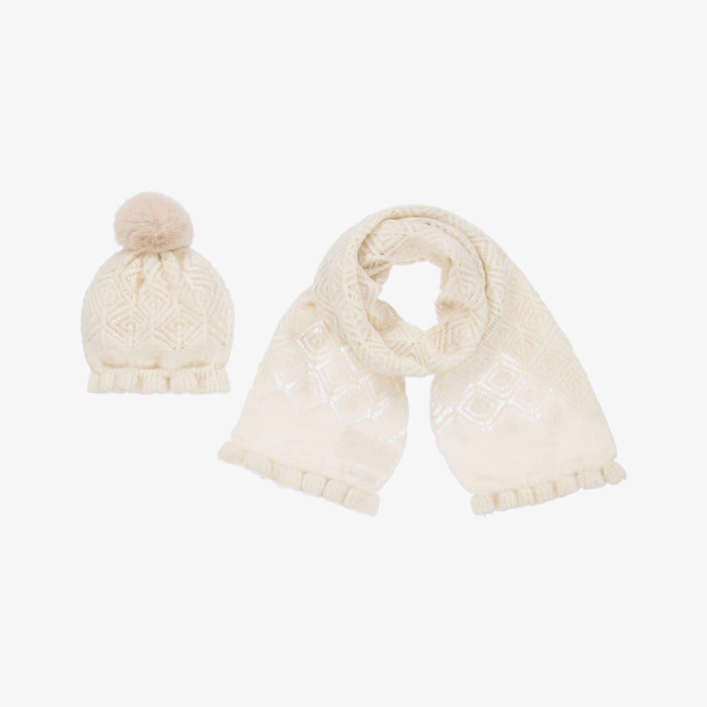 Abel & Lula-Girls Ivory Knitted Hat & Scarf Set | Childrensalon Outlet