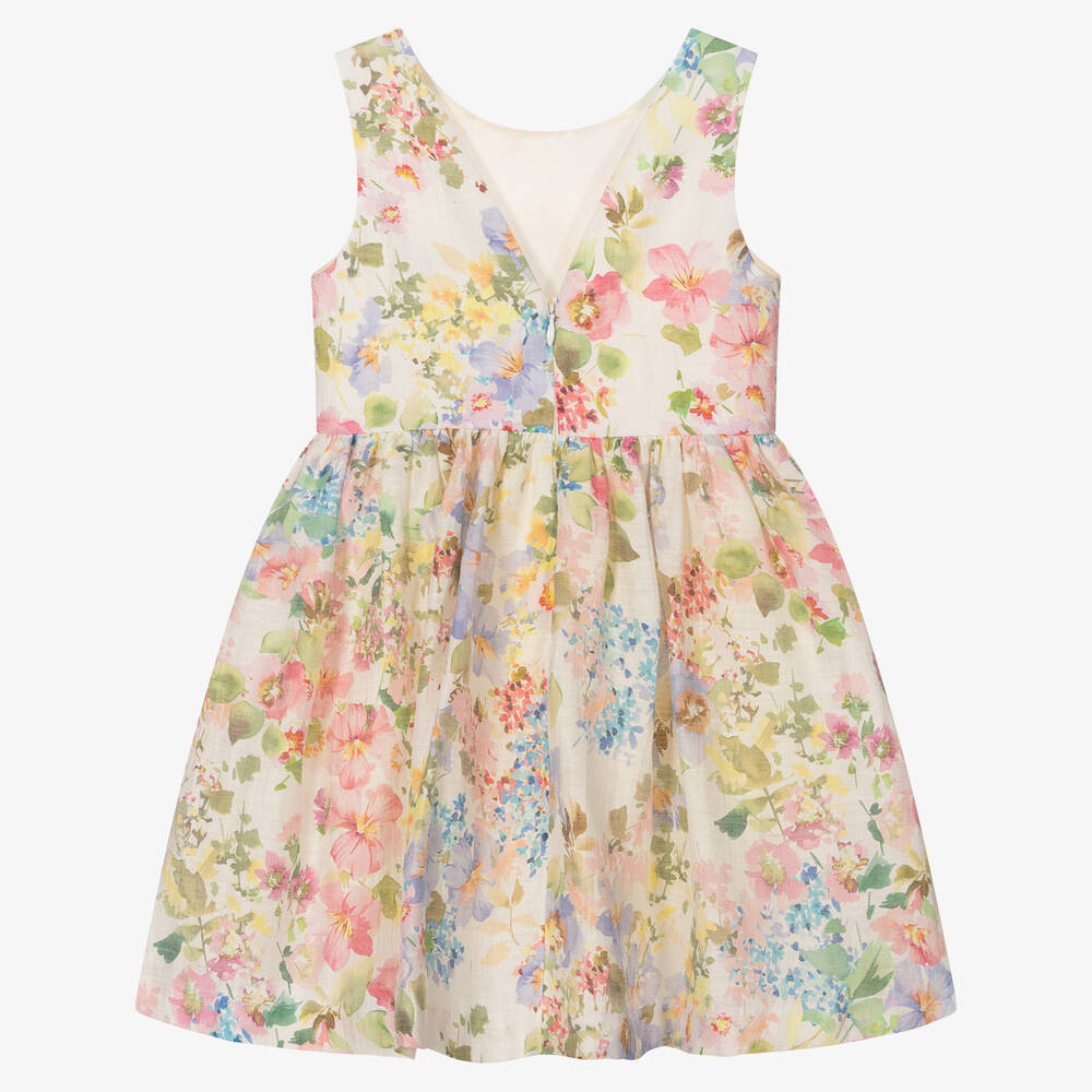 Abel & Lula-Girls Ivory & Pink Floral Linen Dress | Childrensalon Outlet