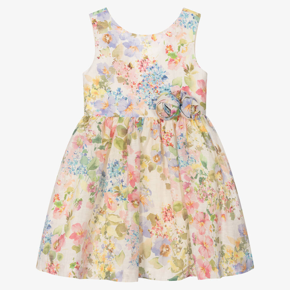 Abel & Lula - Girls Ivory & Pink Floral Linen Dress | Childrensalon