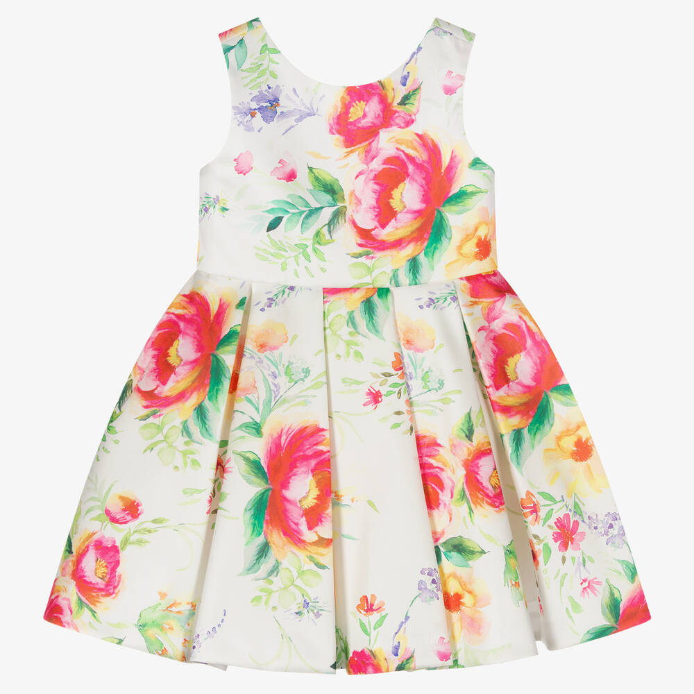 Abel & Lula - Girls Ivory & Pink Floral Satin Dress | Childrensalon