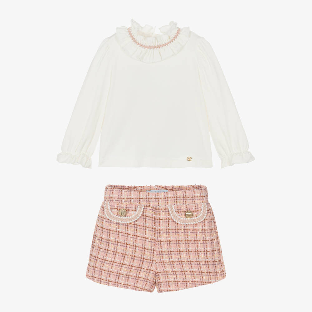 Abel & Lula-Girls Ivory & Pink Tweed Shorts Set with Glittery Gold Thread | Childrensalon Outlet