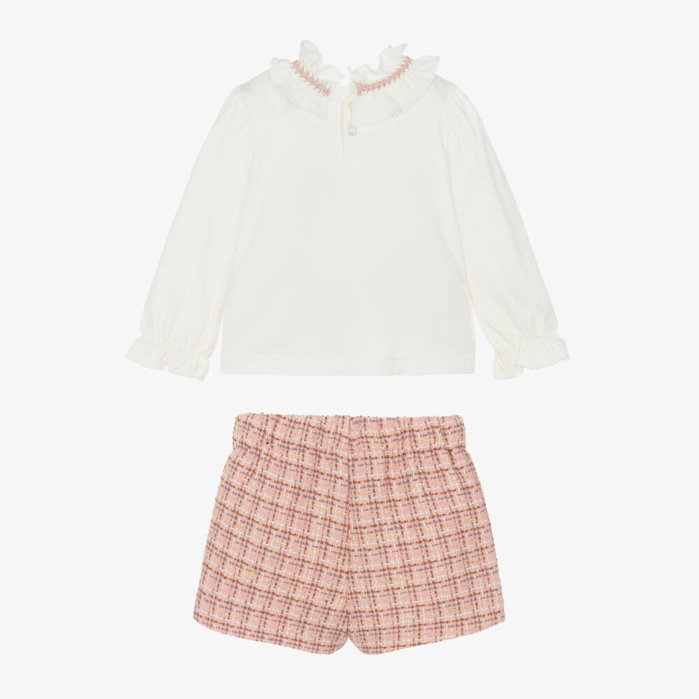 Abel & Lula-Girls Ivory & Pink Tweed Shorts Set with Glittery Gold Thread | Childrensalon Outlet