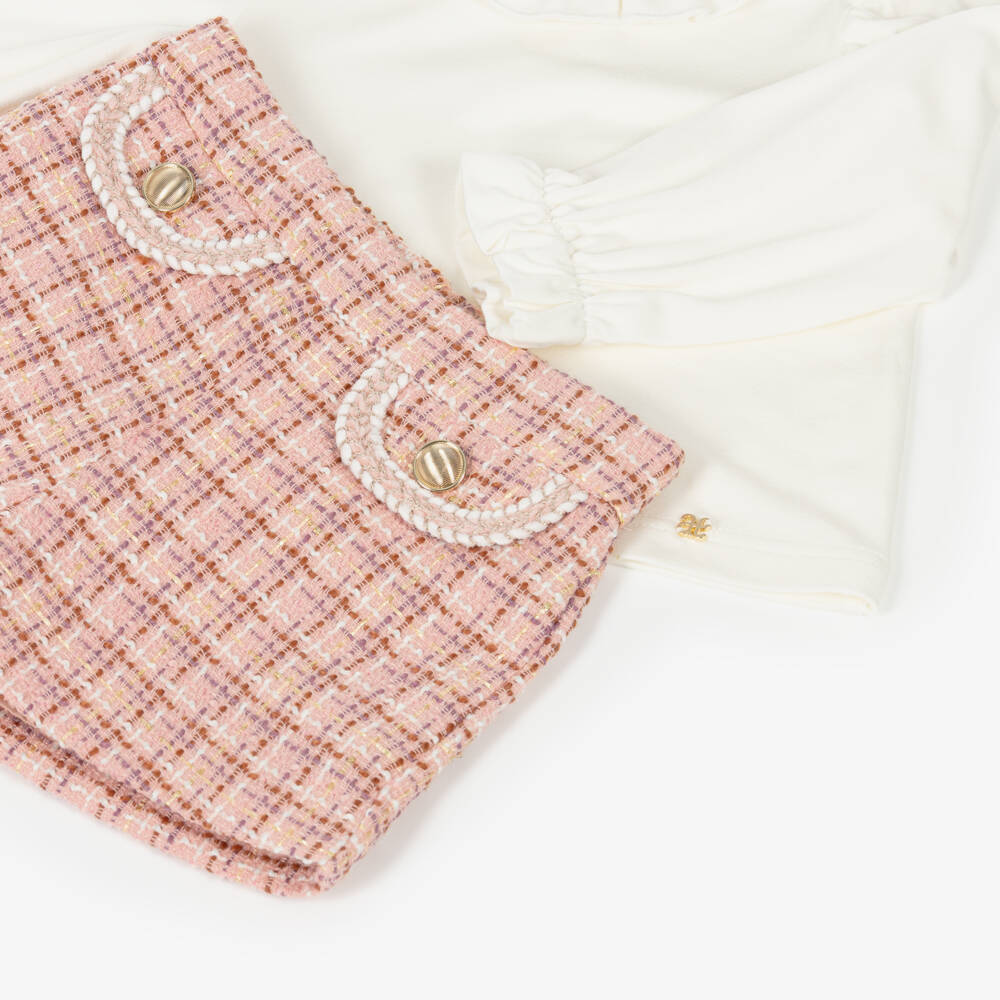 Abel & Lula-Girls Ivory & Pink Tweed Shorts Set with Glittery Gold Thread | Childrensalon Outlet