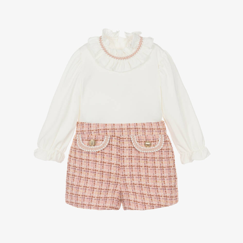 Abel & Lula-Girls Ivory & Pink Tweed Shorts Set with Glittery Gold Thread | Childrensalon Outlet