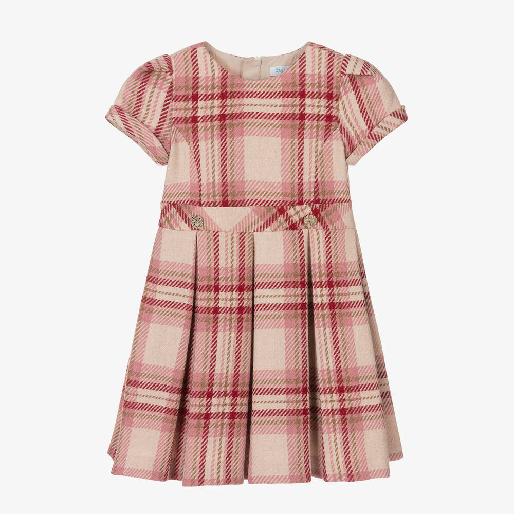 Abel & Lula - Girls Ivory & Pink Wool Tartan Dress | Childrensalon
