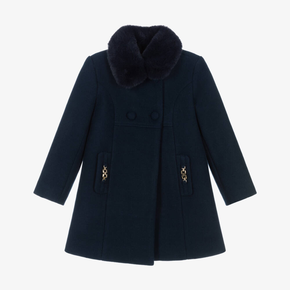 Abel & Lula-Girls Navy Blue Coat with Faux Fur Collar | Childrensalon Outlet