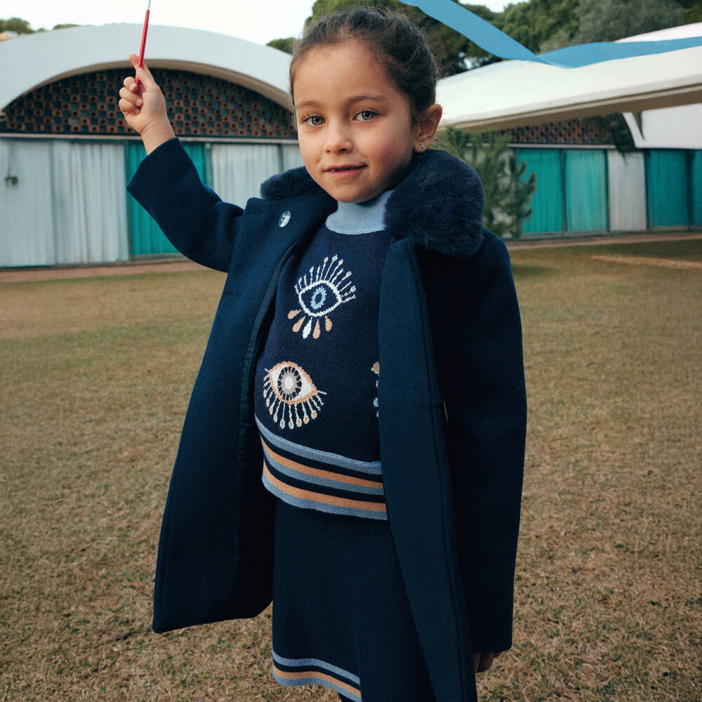 Abel & Lula-Girls Navy Blue Coat with Faux Fur Collar | Childrensalon Outlet