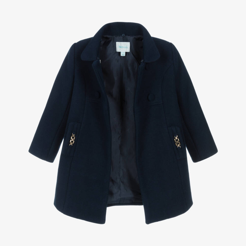 Abel & Lula-Girls Navy Blue Coat with Faux Fur Collar | Childrensalon Outlet