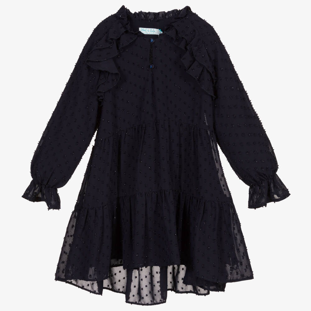 Abel & Lula-Girls Navy Blue Dip Hem Chiffon Dress | Childrensalon Outlet