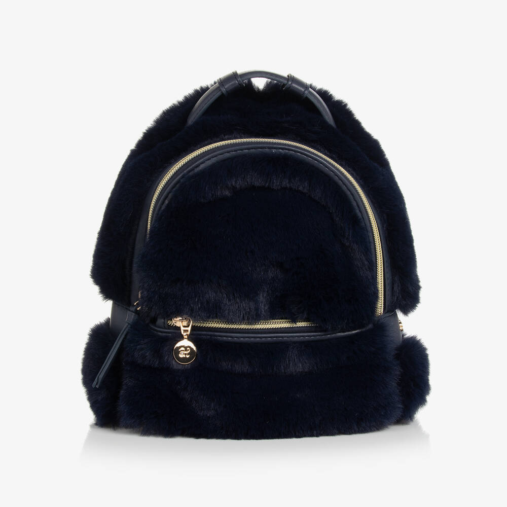 Abel & Lula - Girls Navy Blue Faux Fur Backpack (22cm) | Childrensalon