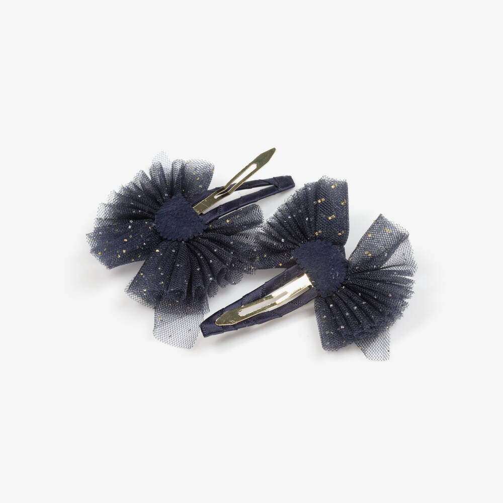 Abel & Lula-Girls Navy Blue & Glittery Gold Tulle Bow Hairclips (2 Pack) | Childrensalon Outlet