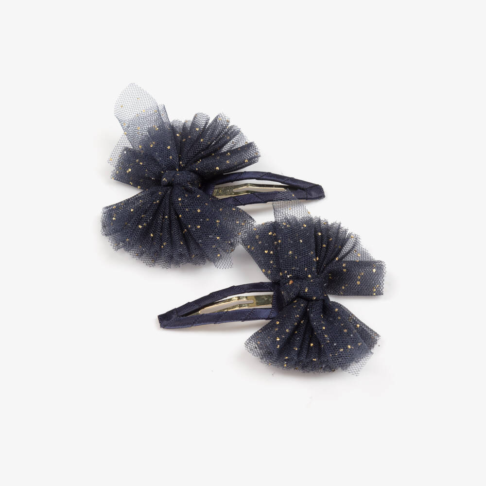 Abel & Lula-Girls Navy Blue & Glittery Gold Tulle Bow Hairclips (2 Pack) | Childrensalon Outlet