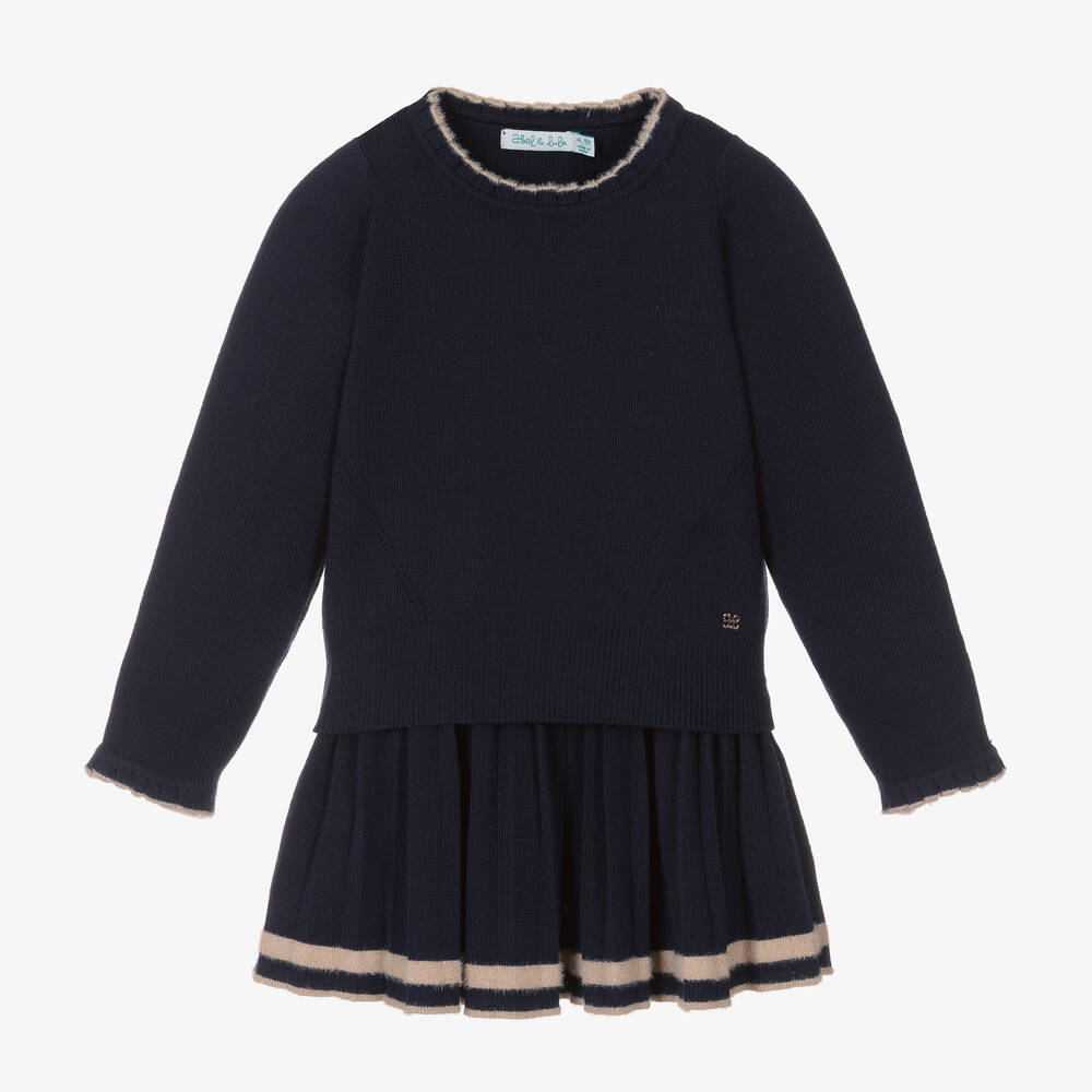 Abel & Lula - Girls Navy Blue Knitted Skirt Set | Childrensalon