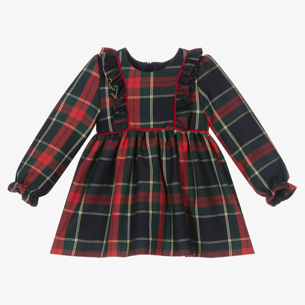 Abel & Lula - Girls Navy Blue & Red Tartan Frill Dress | Childrensalon