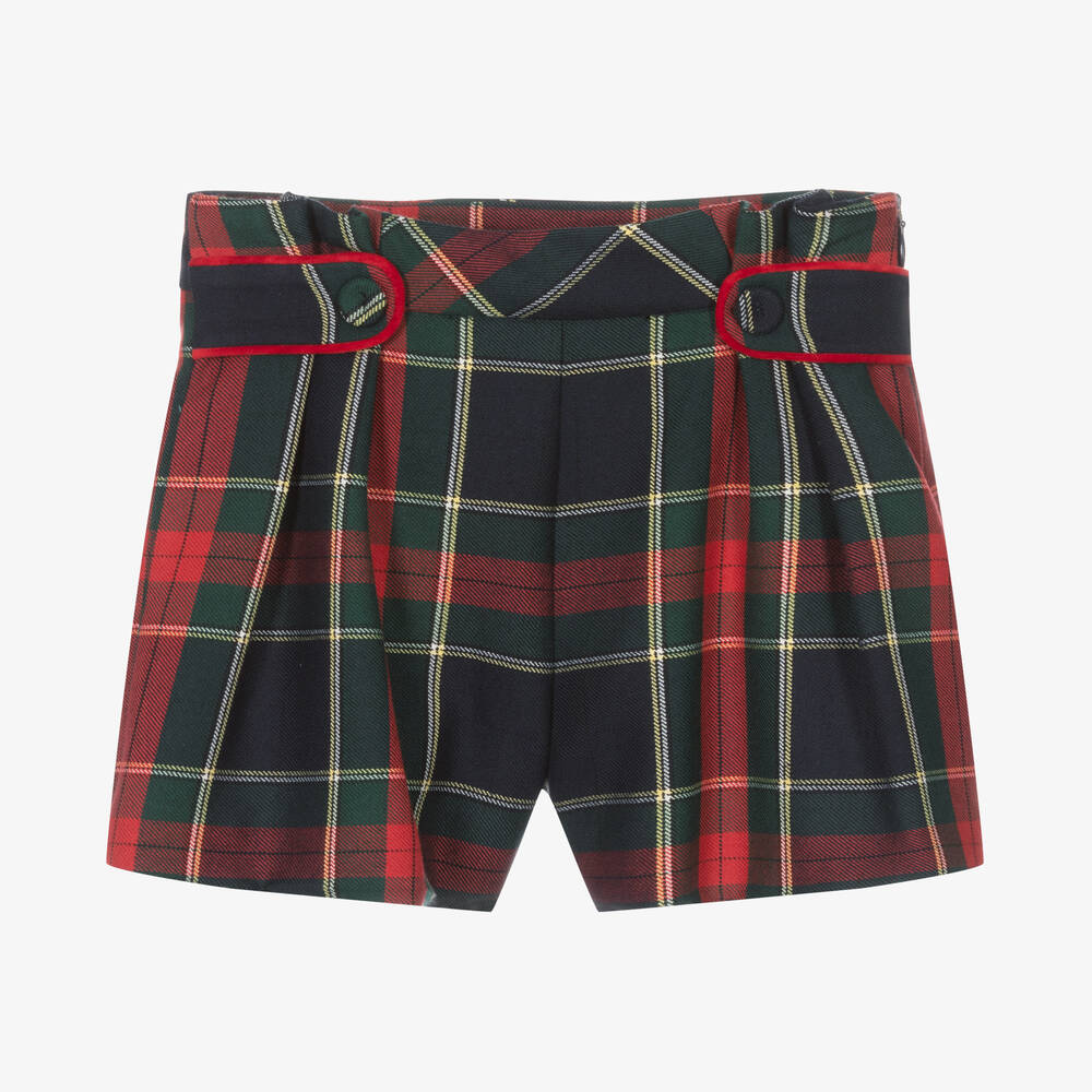 Abel & Lula - Girls Navy Blue & Red Tartan Shorts | Childrensalon