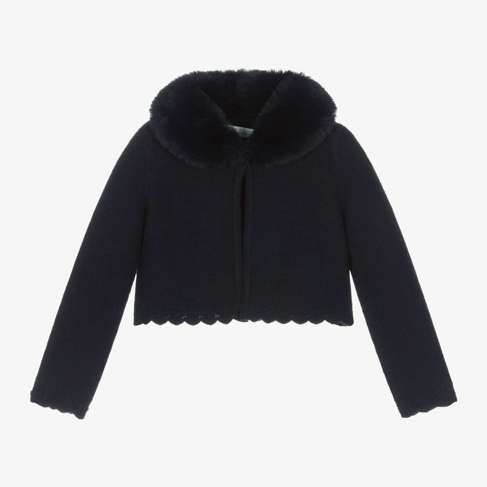 Abel & Lula-Girls Navy Fur Trim Cardigan | Childrensalon Outlet