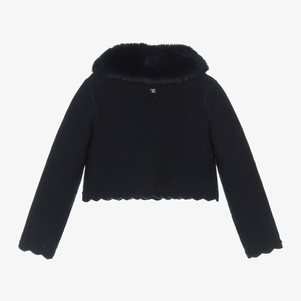 Abel & Lula-Girls Navy Fur Trim Cardigan | Childrensalon Outlet