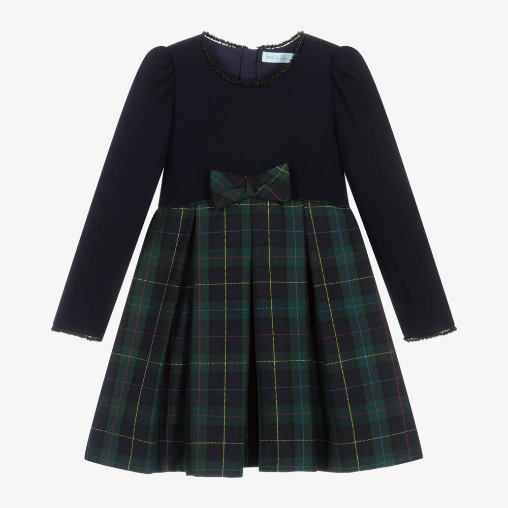 Abel & Lula-Girls Navy & Green Tartan Dress | Childrensalon Outlet
