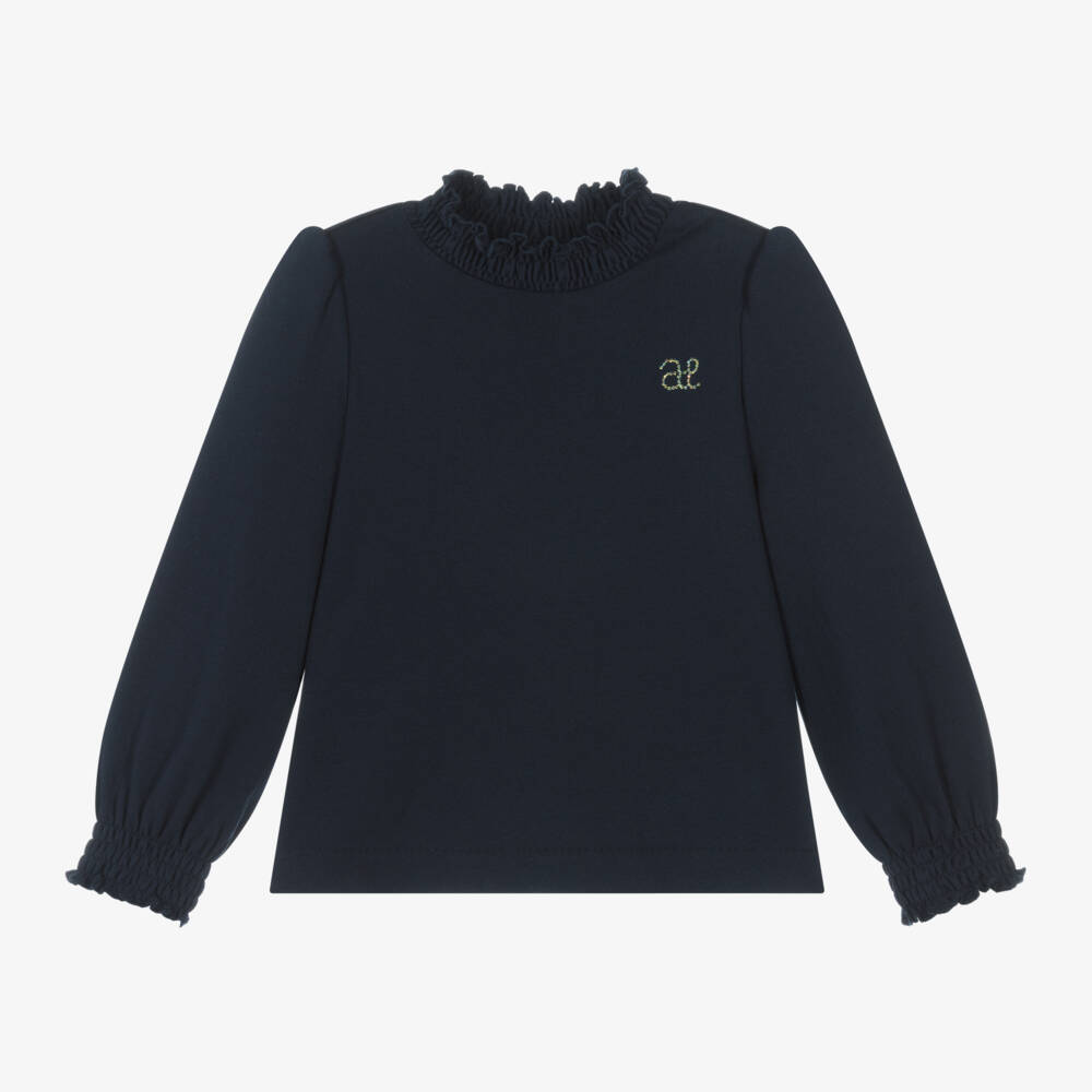 Abel & Lula-Girls Navy Ruffled Roll Neck Top | Childrensalon Outlet