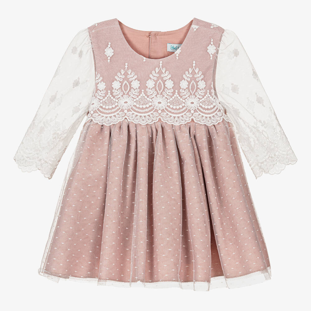 Abel & Lula - Girls Pink Cotton Tulle & Lace Dress | Childrensalon