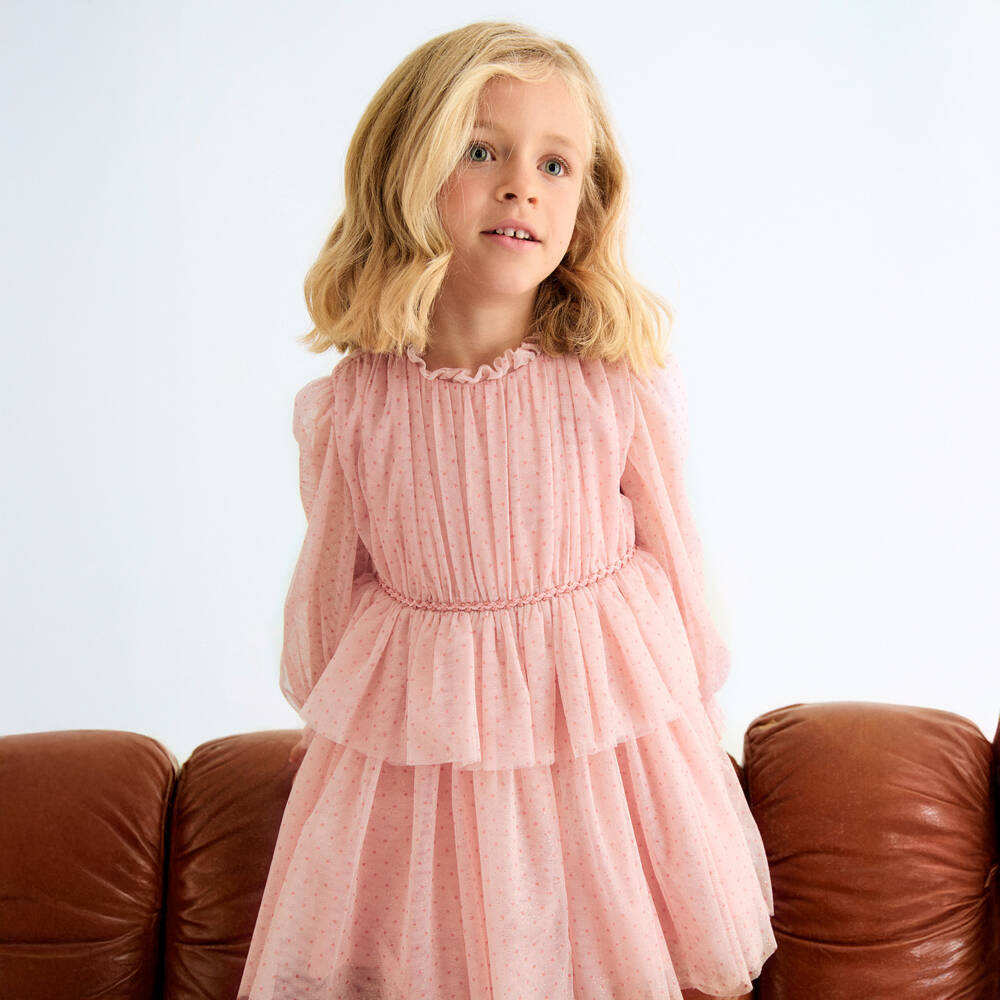 Abel & Lula-Girls Pink Dotted & Sparkle Tulle Dress | Childrensalon Outlet