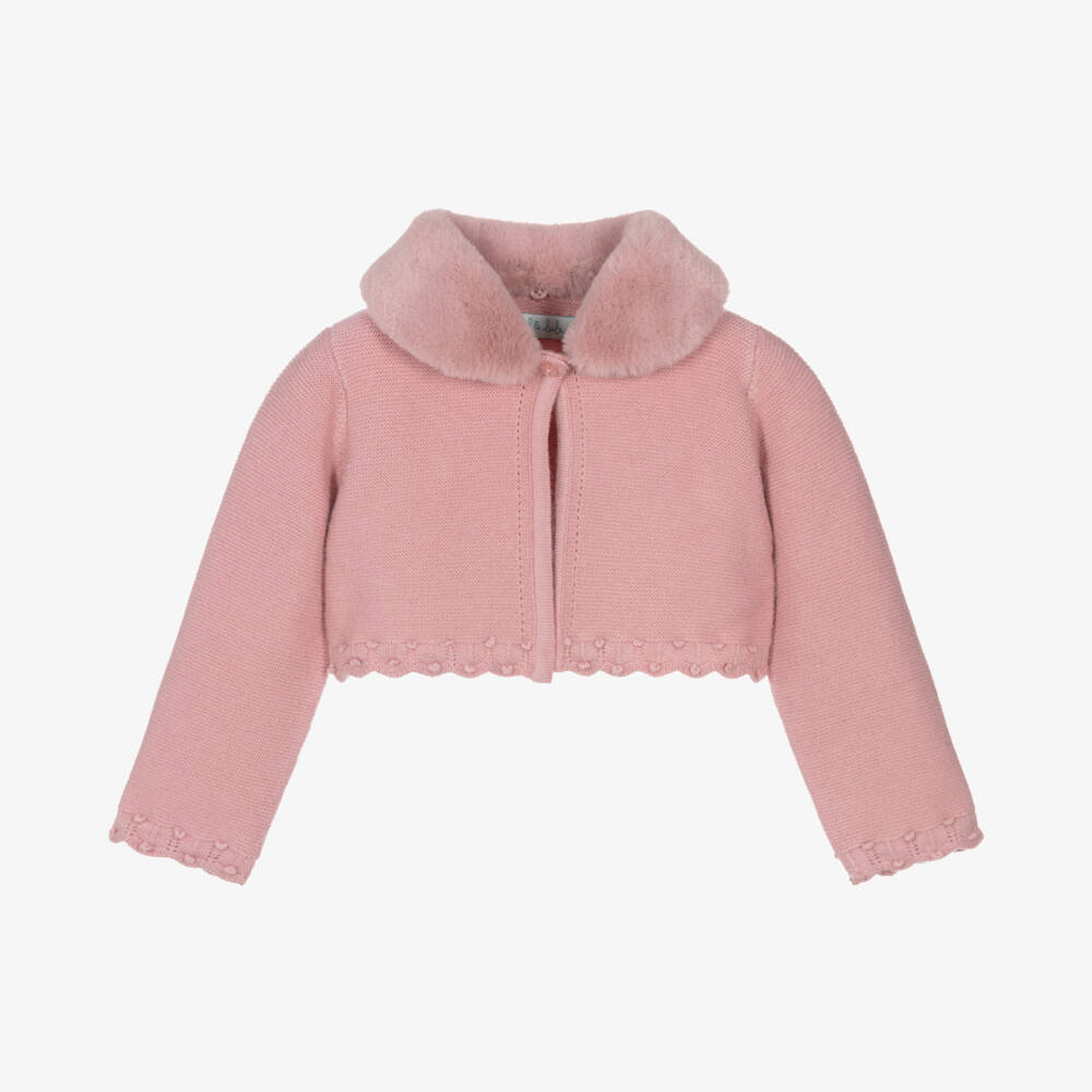 Abel & Lula-Girls Pink Fur Trim Cardigan | Childrensalon Outlet
