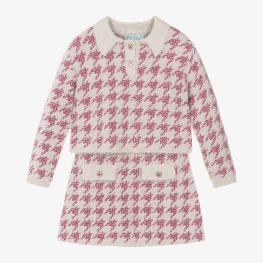 Abel & Lula-Girls Pink Houndstooth Knitted Skirt Set | Childrensalon Outlet