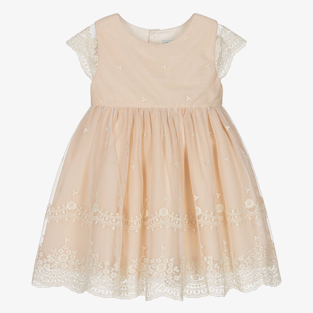 Abel & Lula - Girls Pink & Ivory Embroidered Tulle Dress | Childrensalon