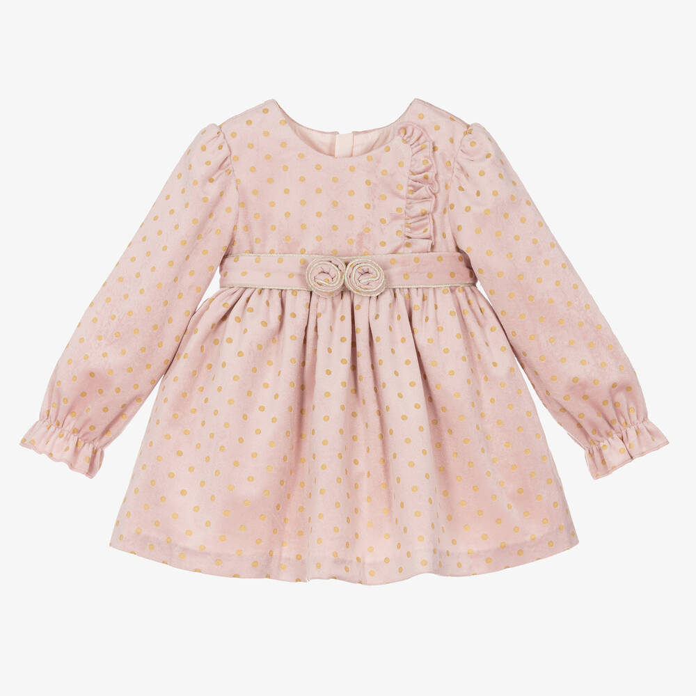 Abel & Lula - Girls Pink Polka Dot Velvet Dress | Childrensalon