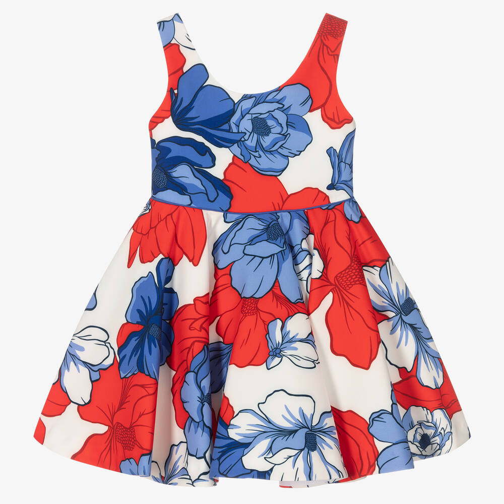 Abel & Lula - Girls Red & Blue Floral Crêpe Dress | Childrensalon