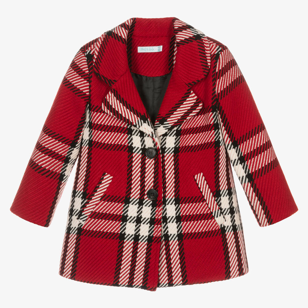 Abel & Lula - Girls Red Check Wool Coat | Childrensalon