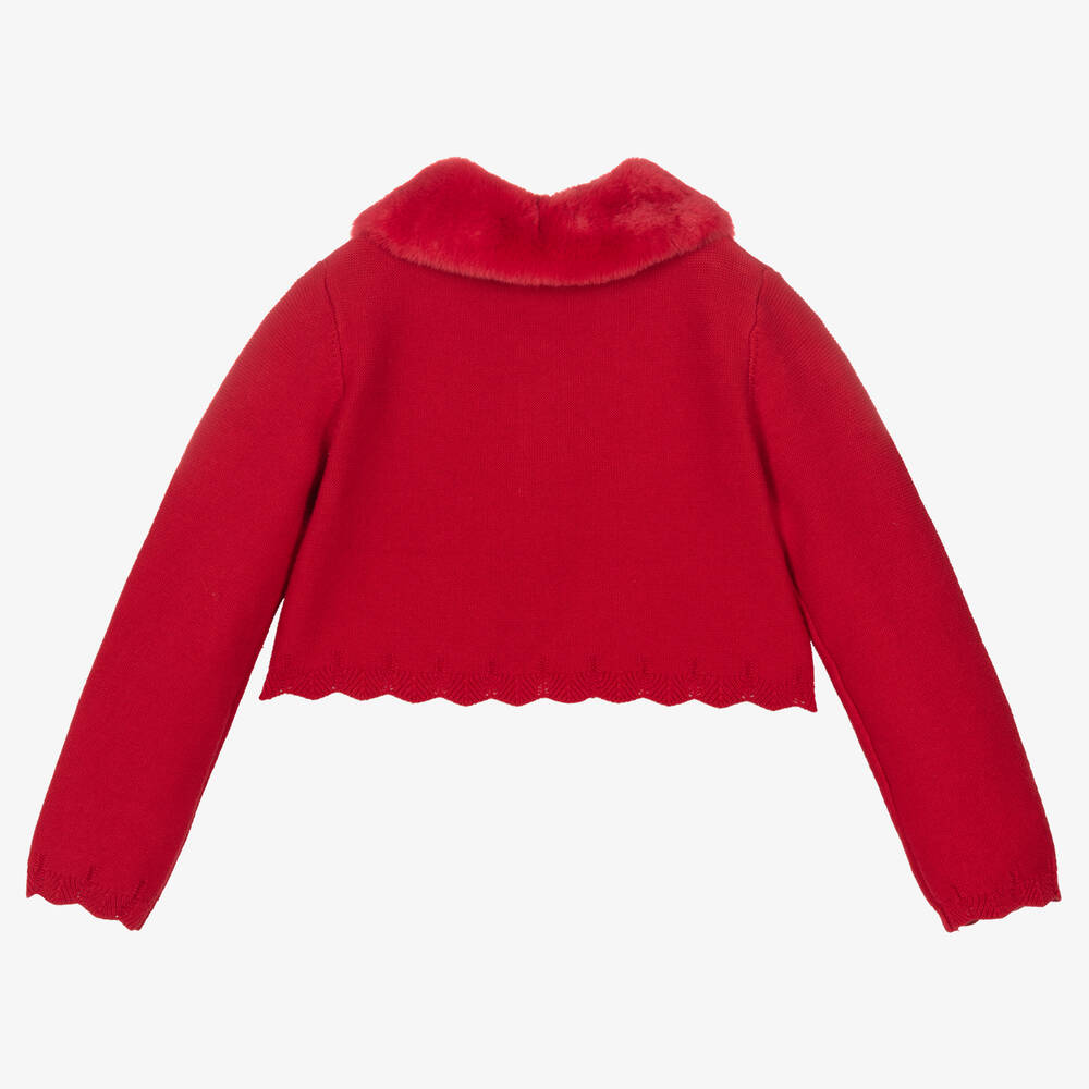 Abel Lula Girls Red Cotton Faux Fur Collar Cardigan Childrensalon Outlet