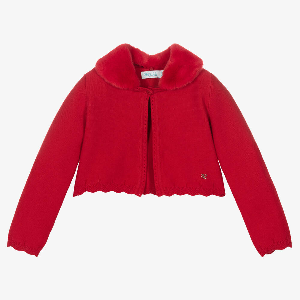 Abel & Lula - Girls Red Cotton Faux Fur Collar Cardigan | Childrensalon