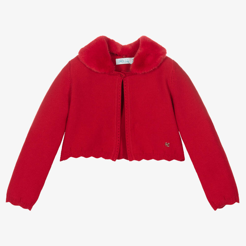 Abel & Lula - Rote Strickjacke aus Baumwolle mit Kunstfellkragen für Mädchen | Childrensalon