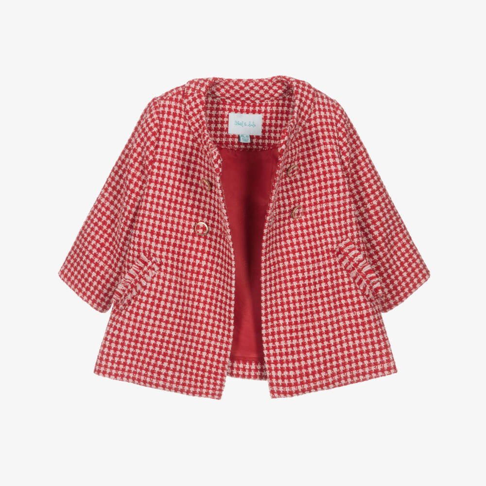 Abel & Lula-Girls Red Houndstooth Tweed Coat | Childrensalon Outlet